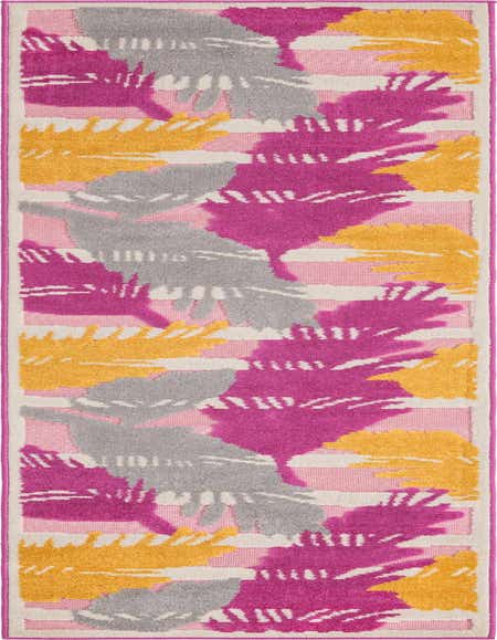 A vibrant 10 ft runner rug featuring a modern tropical pattern with bold fuchsia, golden yellow, and gray palm fronds over a pink and white striped background.