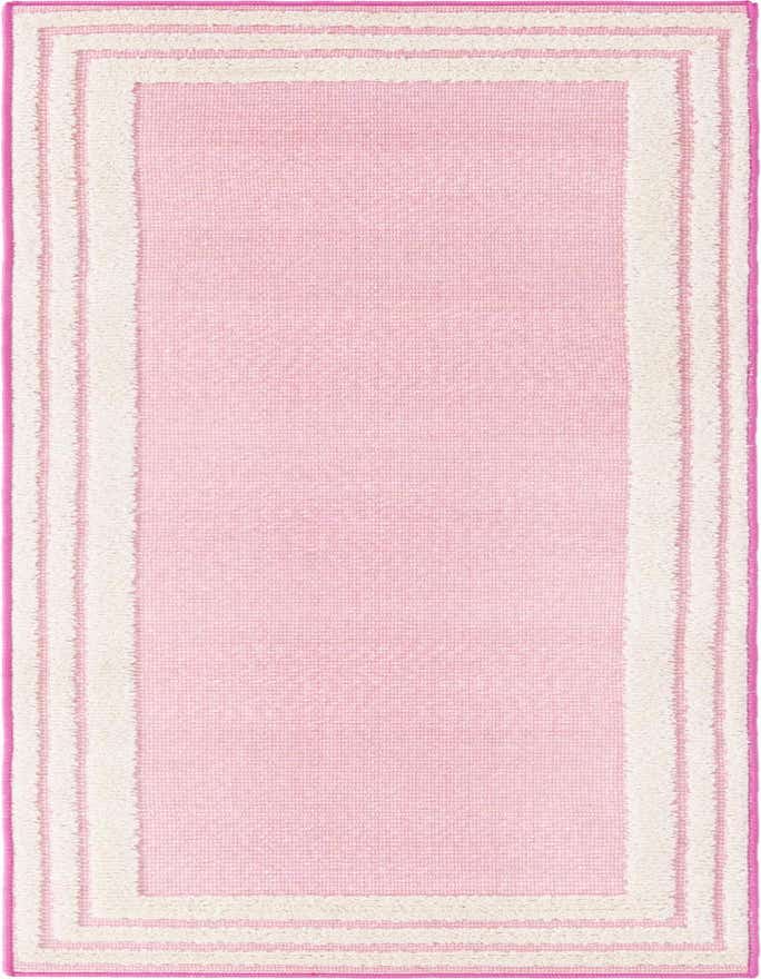 A 6 ft pink runner rug with a textured, solid center and a triple border in cream, light pink, and fuchsia.