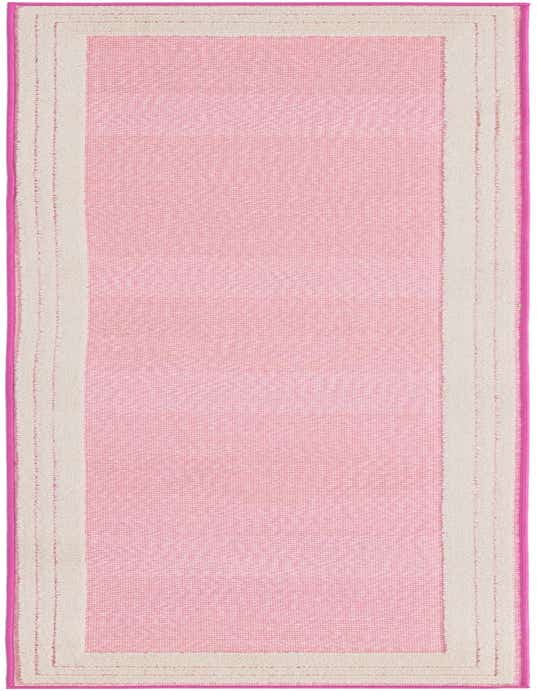 A vibrant pink 8 ft runner rug with a subtle cream border, ideal for a hallway or patio.