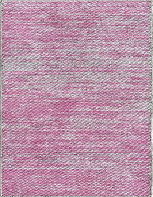A vibrant pink and white striped runner rug with a textured, flatweave design, perfect for a modern hallway.