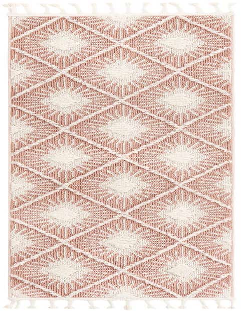 A pink and white Bohemian runner rug with a modern trellis pattern and tassels, ideal for a hallway.