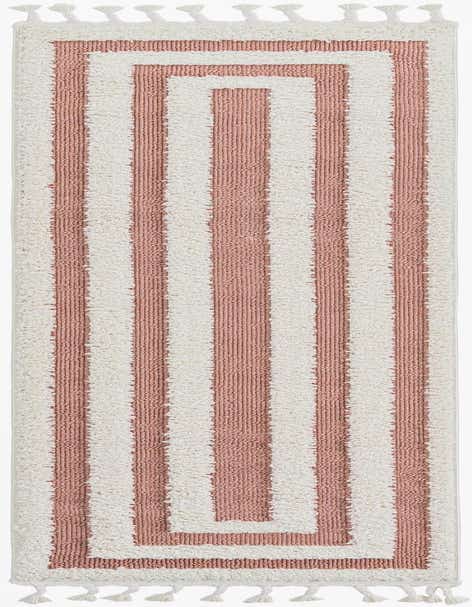 A long 8 ft runner rug with a modern pink and white stripe pattern, featuring a textured pile and decorative tassels.