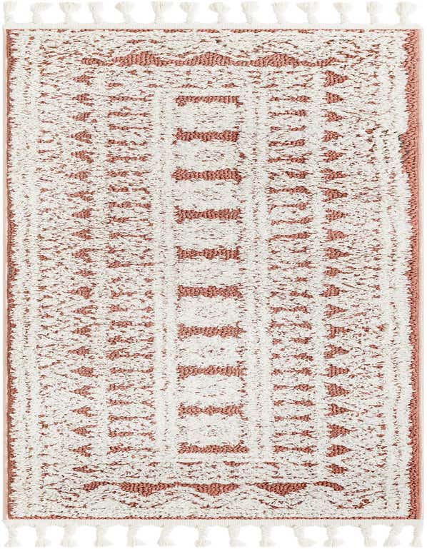 A 6 ft runner rug with a pink base and white textured Southwestern and tribal patterns, featuring decorative tassels.