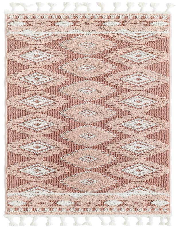 A 6 ft pink runner rug with a textured bohemian pattern featuring white geometric trellis designs and decorative tassels.