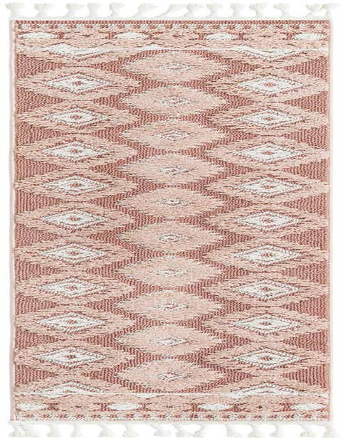 A pink and white Southwestern runner rug with a tribal trellis pattern and tassels, ideal for a hallway.