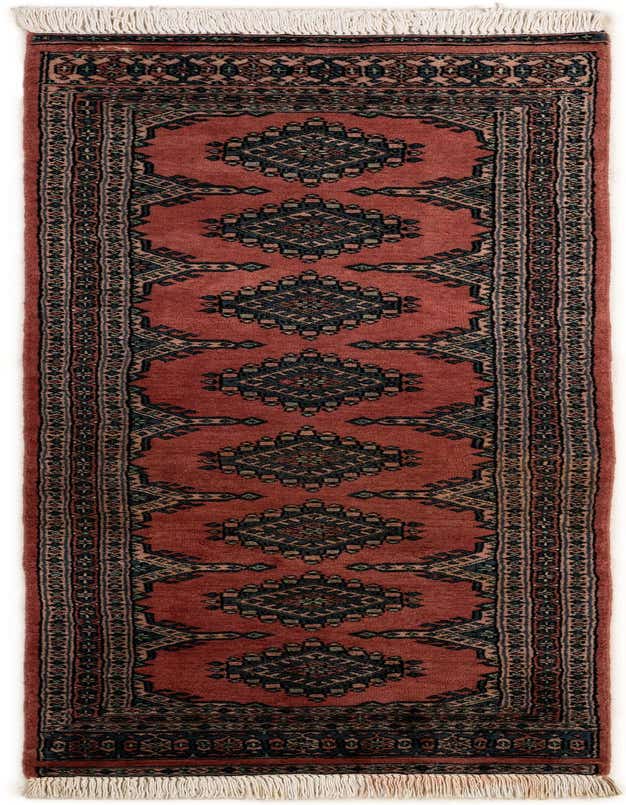 A 6 ft runner rug from the Bokhara Collection, featuring a traditional tribal pattern in shades of pink, red, and dark blue, with fringe.
