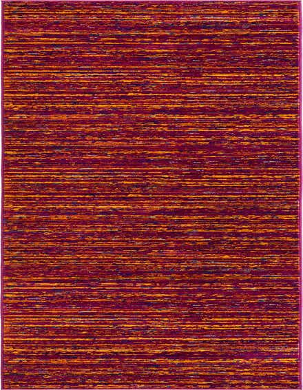 A 12 ft runner rug featuring an eclectic, modern design with horizontal stripes in shades of pink, orange, and hints of blue.