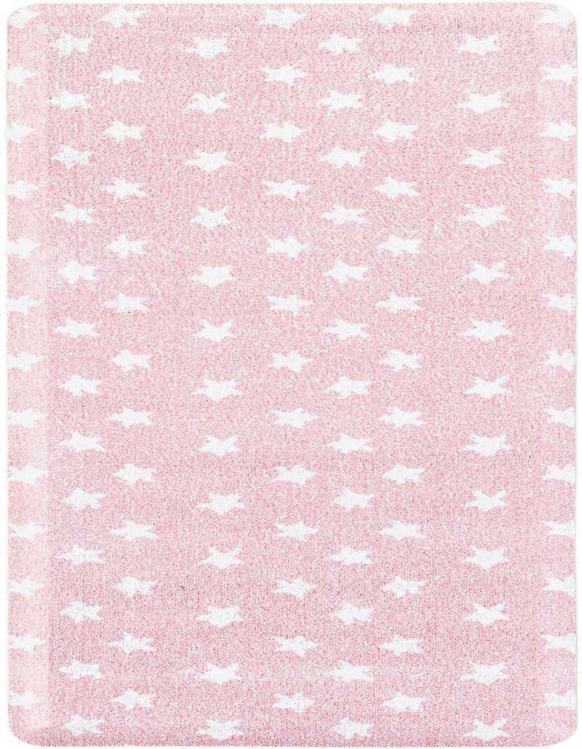 A 5 ft runner rug in light pink with a repeating pattern of white stars, ideal for a child's bedroom or hallway.