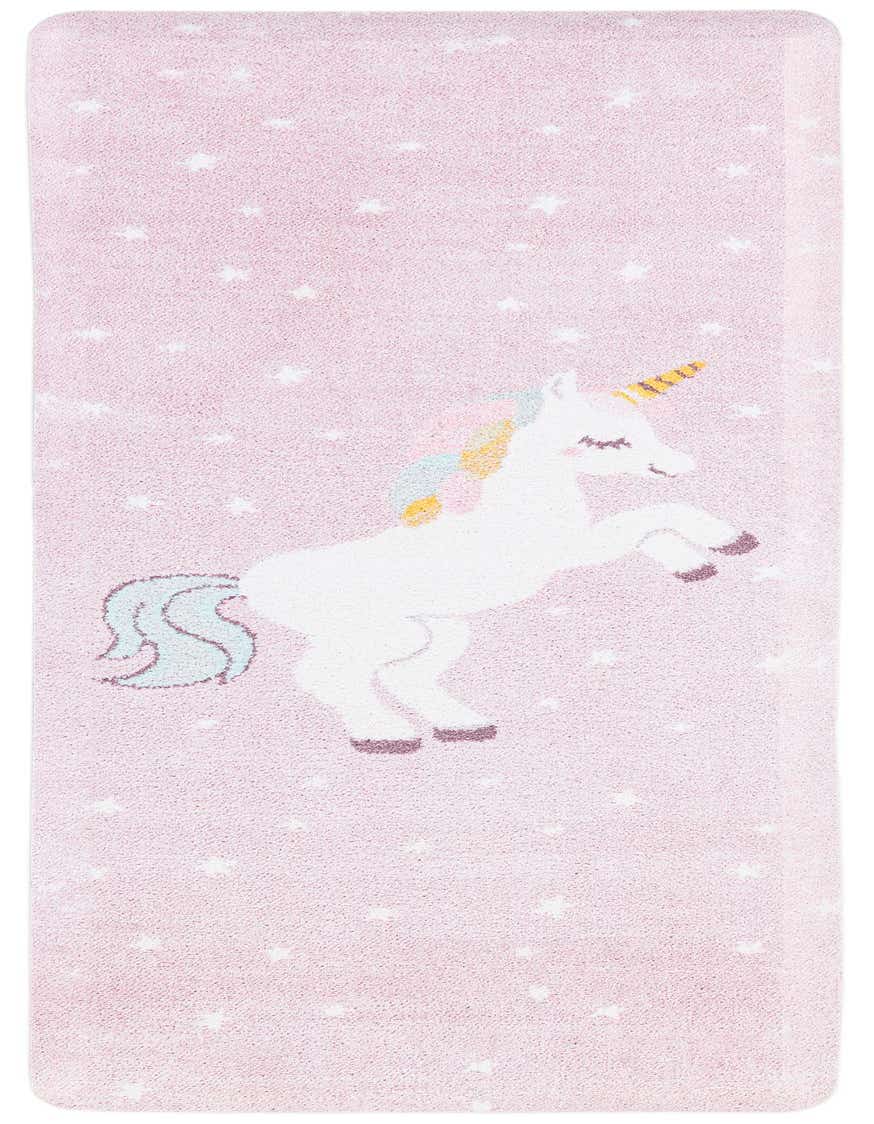 A 5 ft pink runner rug featuring a white unicorn with a colorful mane and tail, surrounded by small white stars.