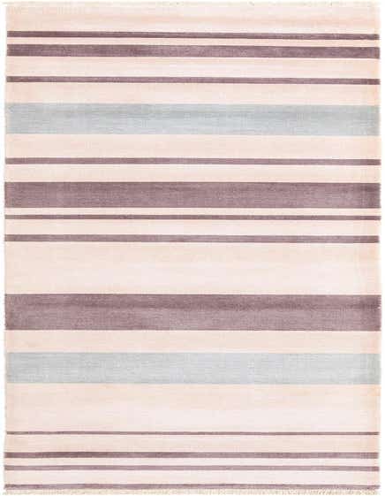 A 13 ft runner rug with horizontal stripes in varying shades of pink, purple, and light blue, perfect for a hallway.