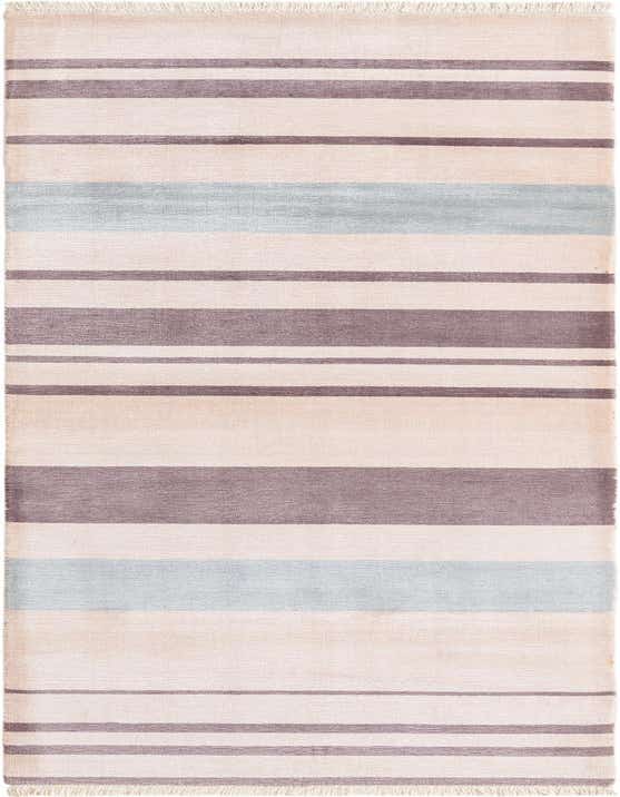 A 10 ft runner rug from the Darya collection featuring alternating stripes of light pink, muted purple, and light blue, with fringed ends.