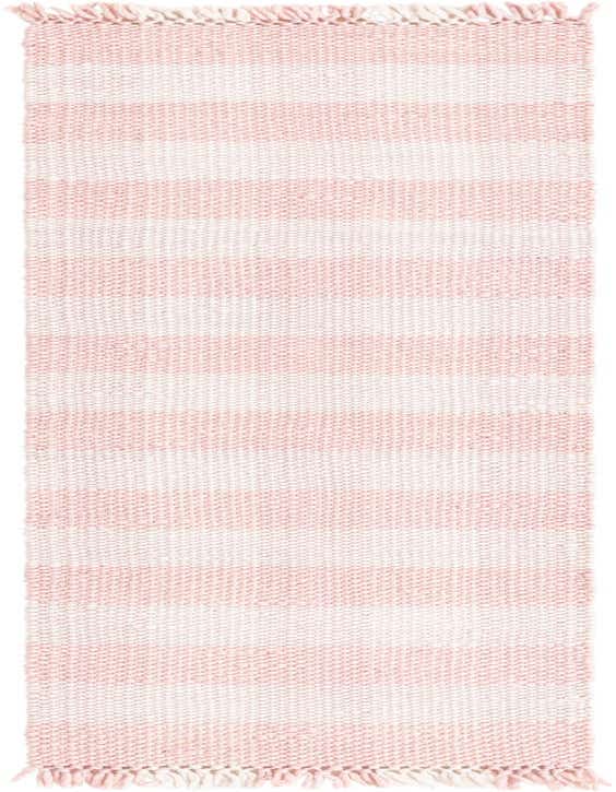 A pink and white striped 8 ft runner rug with a textured flatweave, suitable for hallways or patios.