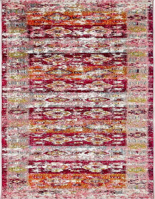 A 10 ft runner rug in shades of pink, orange, and white with a distressed Bohemian pattern, ideal for a hallway.