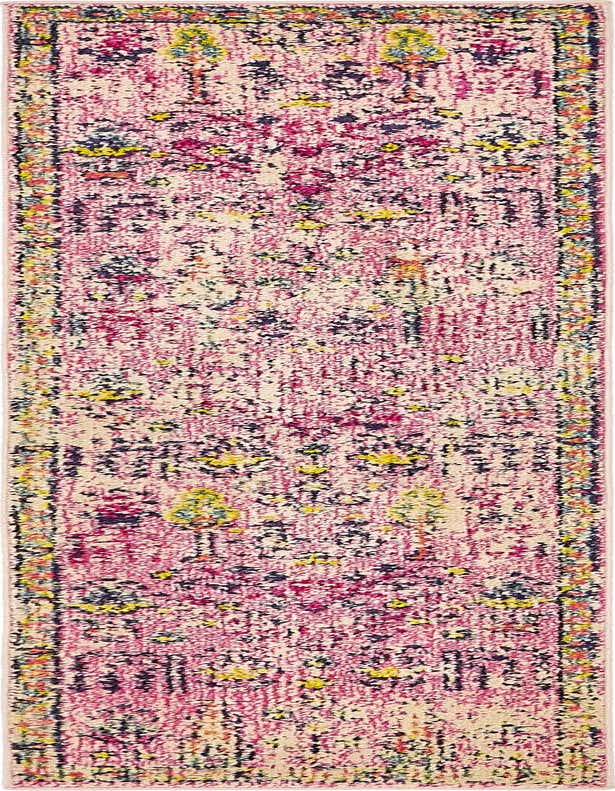 A 7 ft runner rug in a bohemian style, featuring distressed pinks, blues, and yellows, perfect for a hallway.