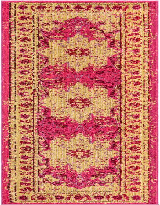A 10 ft runner rug in vibrant pinks and gold, featuring a distressed medallion and border pattern, perfect for a hallway.
