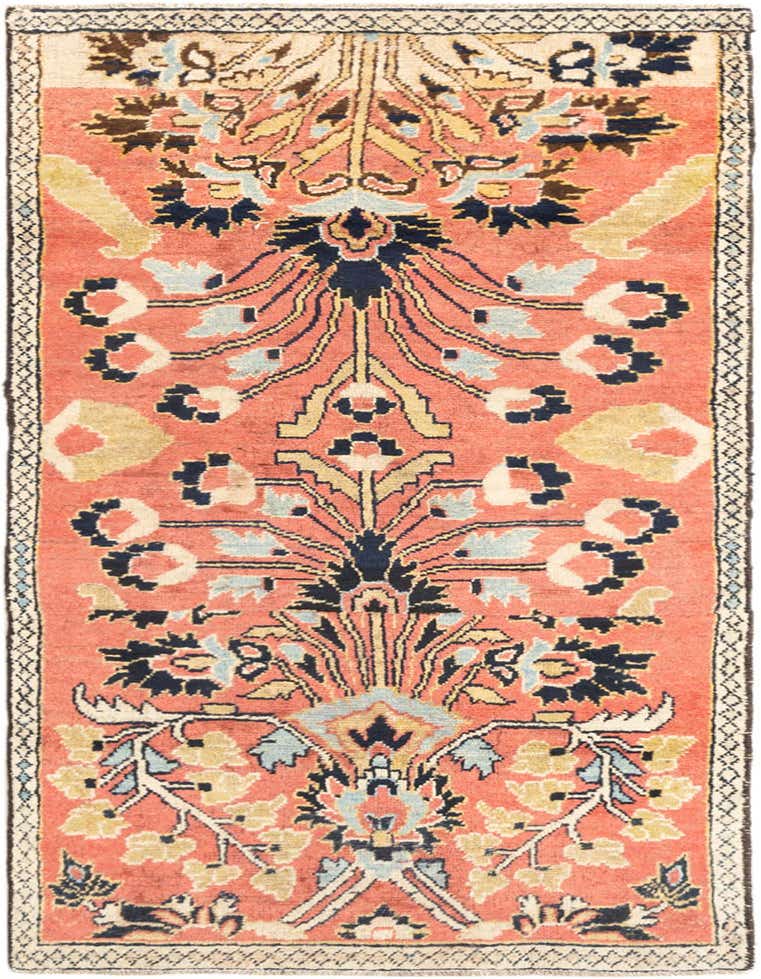 A 6 ft Hamedan runner rug in pink with a traditional tribal pattern featuring blue, yellow, and cream floral motifs.