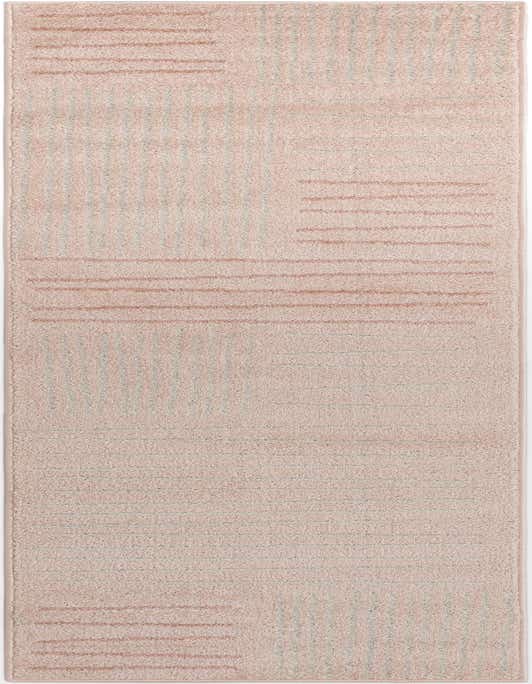 A long 8 ft runner rug in shades of pink with a modern abstract pattern of horizontal and vertical lines.
