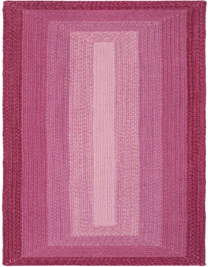A handmade 8 ft runner rug featuring a modern stripe pattern with various shades of pink, from light to dark.