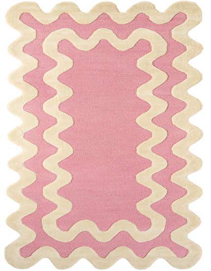 A 13 ft runner rug in a modern pink and cream wavy pattern with a high, textured wool pile.
