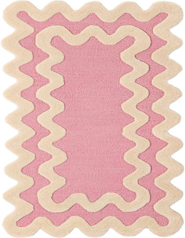 A 6 ft runner rug with a modern wavy border design in soft pink and cream colors, perfect for a hallway.