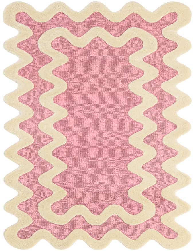 A pink 8 ft runner rug with a wavy, cream-colored border, featuring a high, textured wool pile.