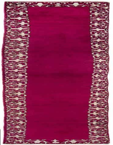 A long 15 ft runner rug in deep magenta pink with intricate cream and dark pink Persian patterns along its borders.