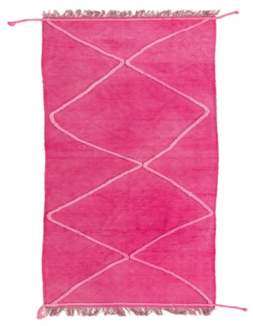 A vibrant pink 8 ft runner rug with a light pink diamond tribal pattern and fringed ends, perfect for a hallway.