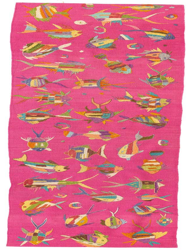 A vibrant 8 ft pink runner rug featuring numerous colorful, abstract fish designs in various sizes, perfect for a hallway or kitchen.