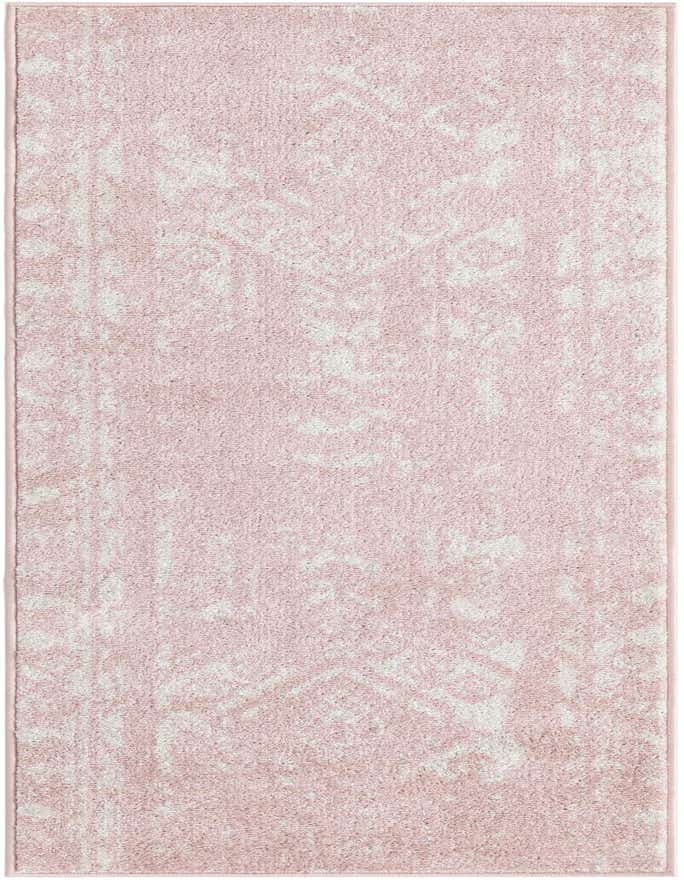 A 6 ft pink runner rug with a subtle, distressed white Southwestern and tribal pattern, ideal for a hallway or kitchen.