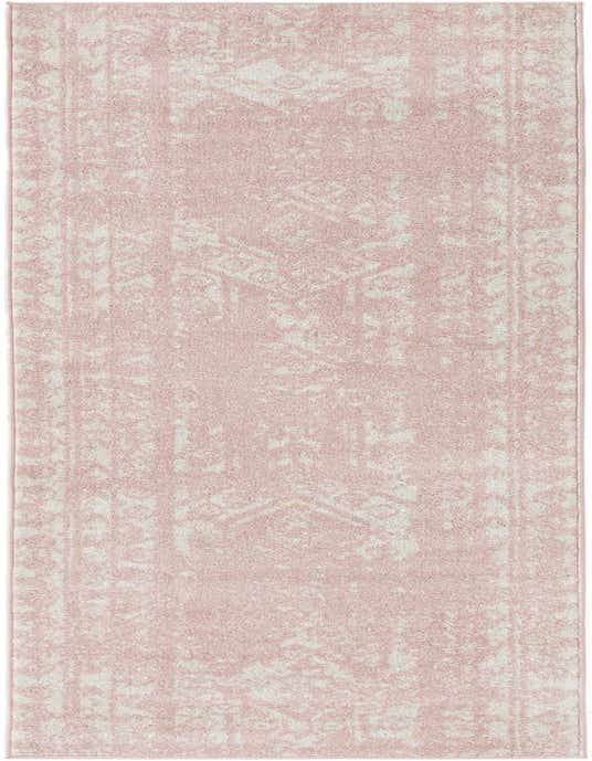 A 10 ft runner rug in soft pink with a distressed white Southwestern and tribal pattern, perfect for a hallway.