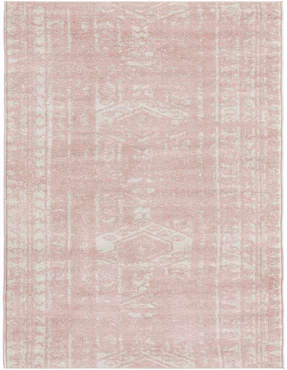 A 12 ft pink runner rug with a faded white Southwestern and tribal pattern, ideal for a hallway.