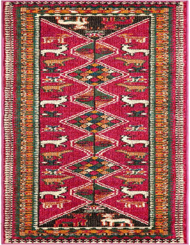 A vibrant 7 ft runner rug in pink with a Southwestern tribal pattern featuring animal motifs and geometric diamonds.