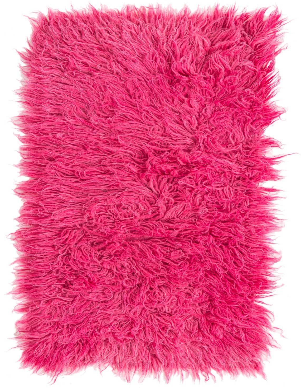 A vibrant pink 4 ft wool shag runner rug with a plush, shaggy texture, perfect for a hallway.