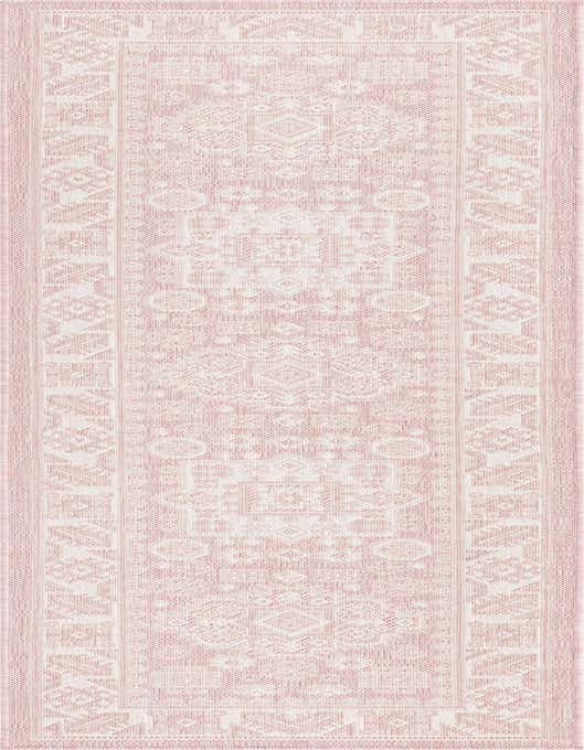 A pink and white 8 ft runner rug with a Southwestern tribal pattern, suitable for indoor or outdoor use.