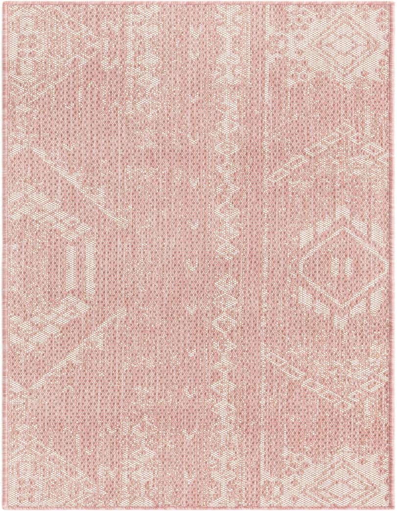 A 5 ft runner rug in shades of pink with a modern abstract pattern, suitable for hallways or patios.