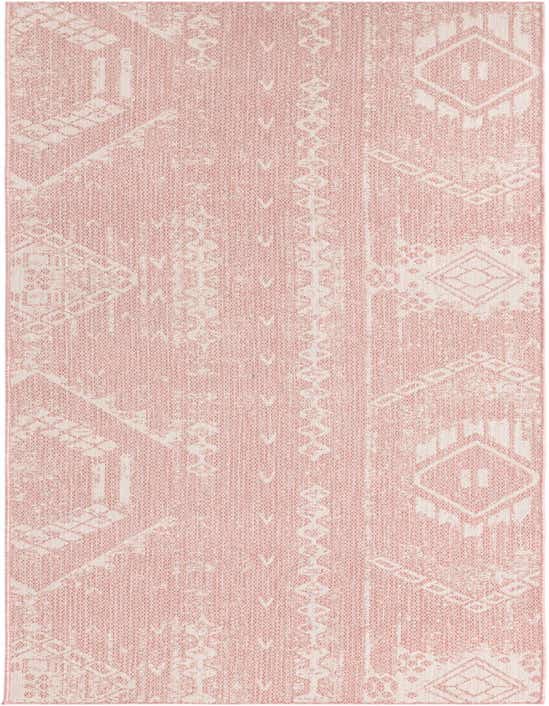 A 12 ft pink runner rug with a modern abstract pattern in off-white, suitable for a hallway or patio.