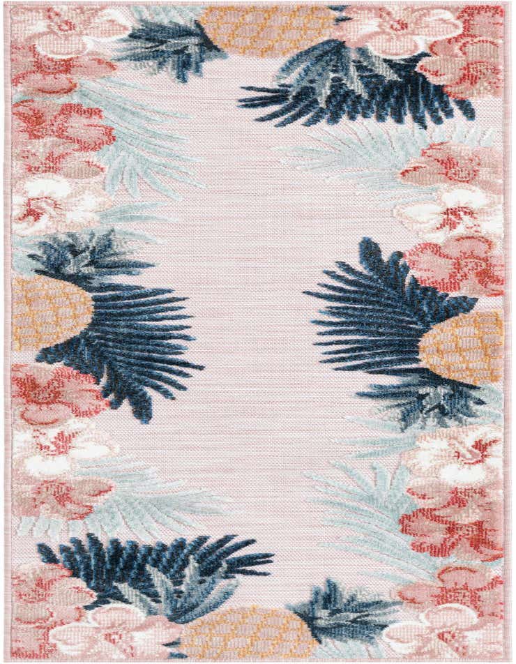 Pink runner rug with a vibrant tropical floral and pineapple pattern, ideal for a hallway or patio.