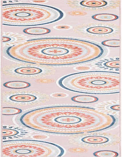 A 12 ft pink runner rug with a modern, abstract pattern of large and small colorful medallions in blue, coral, orange, and white.