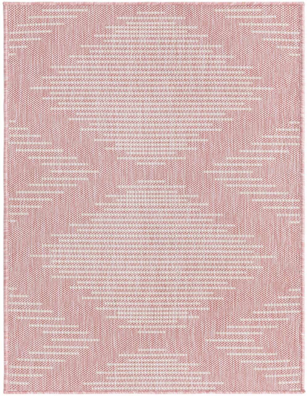 A 4 ft runner rug in pink with a white Southwestern-inspired geometric stripe pattern, suitable for a hallway or patio.