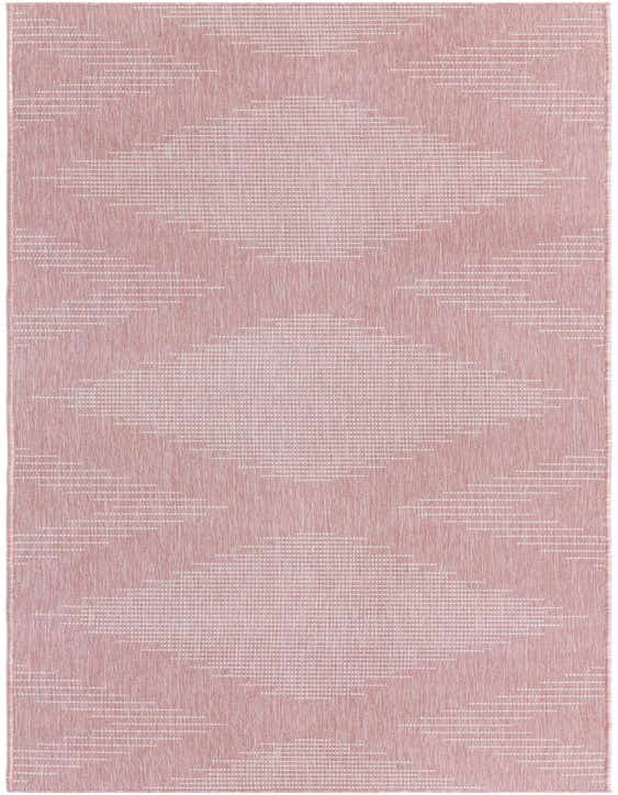 A 12 ft pink runner rug with a subtle Southwestern-inspired geometric stripe pattern, ideal for a hallway or patio.