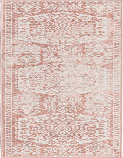 An 8 ft runner rug in a distressed pink and white medallion pattern, ideal for a hallway or kitchen.