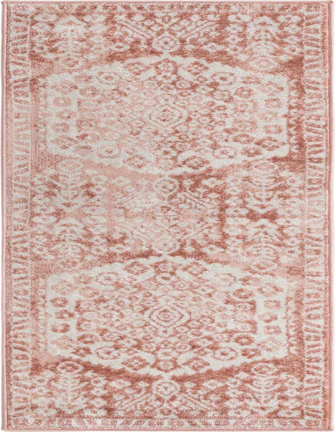 A 6 ft runner rug from the Oxford collection, featuring a distressed pink and ivory Bohemian medallion pattern, ideal for hallways.