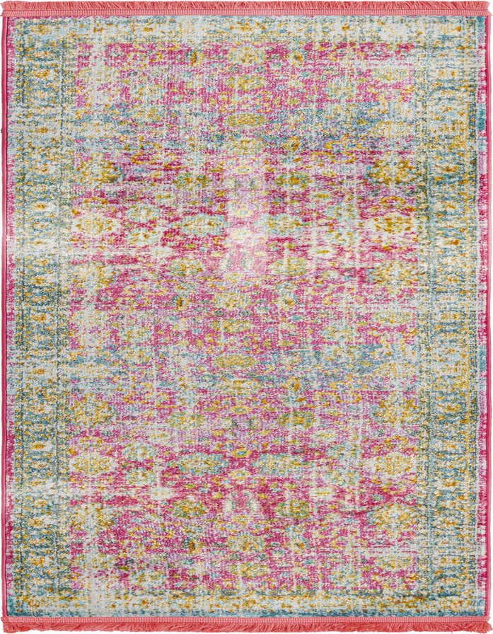 A 6 ft runner rug with a distressed traditional floral pattern in vibrant pink, blue, and yellow, ideal for a hallway or kitchen.
