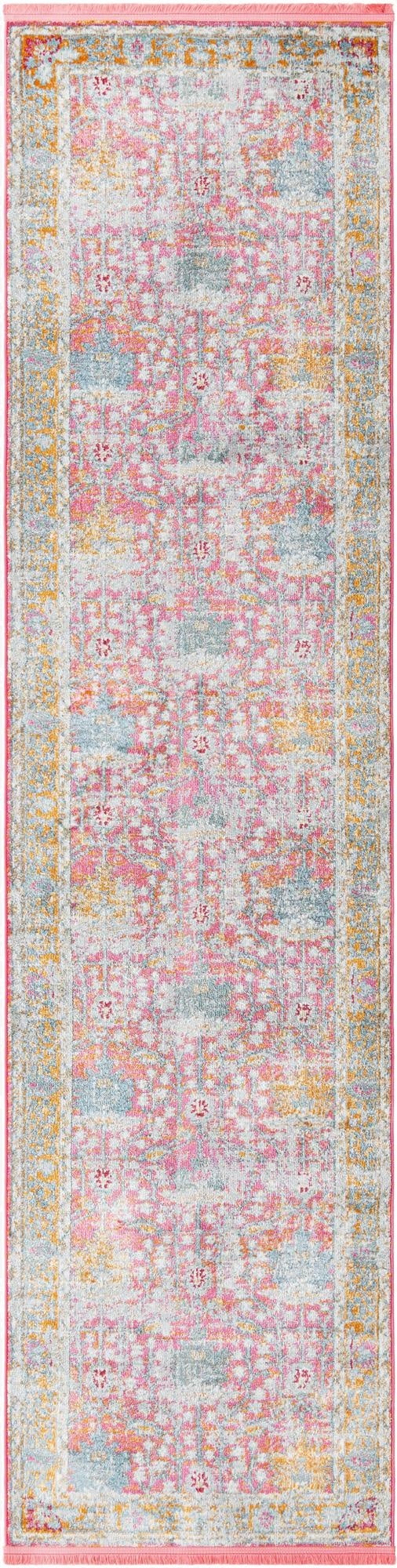A 10 ft runner rug in pinks, blues, and yellows with a distressed traditional floral pattern and a pink border.