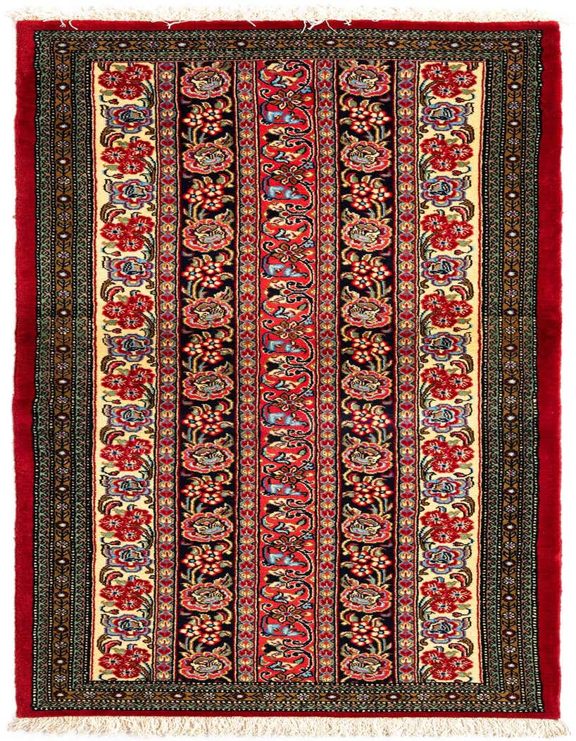 A handmade 6 ft runner rug with a traditional Persian floral pattern in shades of red, pink, blue, and cream.