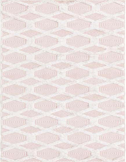 A 12 ft runner rug from the Sabrina Soto Casa collection, featuring a modern abstract pattern of pink geometric shapes on a white textured background.
