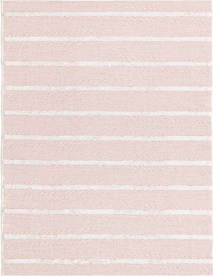 A 12 ft runner rug featuring a modern stripe pattern in pink and white, with textured, high pile white stripes.