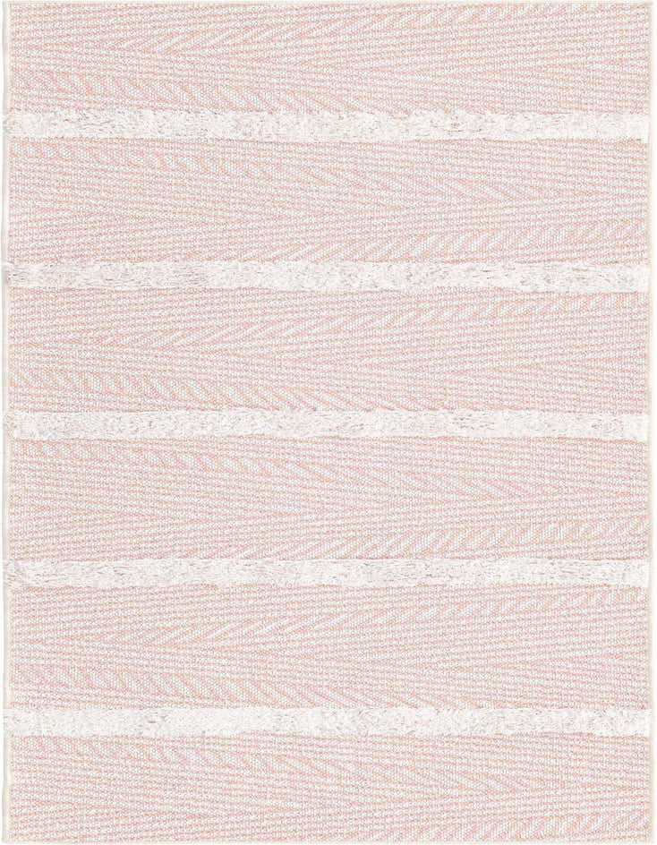 A 6 ft runner rug in light pink with a subtle chevron pattern and five textured white stripes, ideal for a hallway.