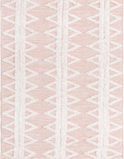 A 12 ft runner rug in pink with a textured white tribal diamond and stripe pattern, ideal for a hallway.
