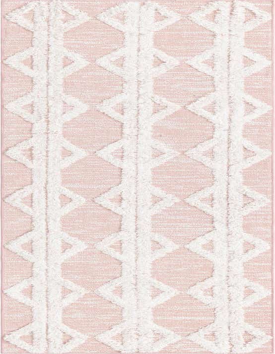 A pink 8 ft runner rug with a textured, high pile white tribal diamond pattern, ideal for a hallway.